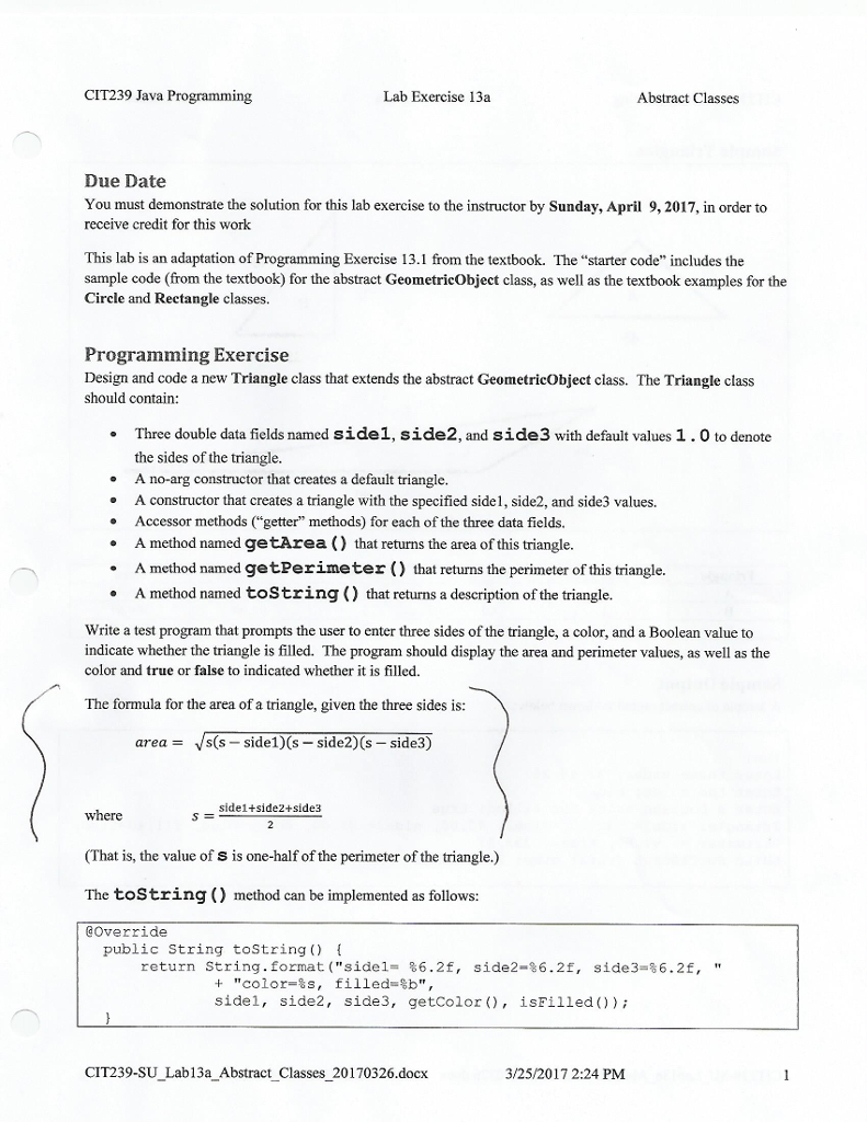  CIT239 Java Programming Abstract Classes Lab Exercise 13a Due Date You