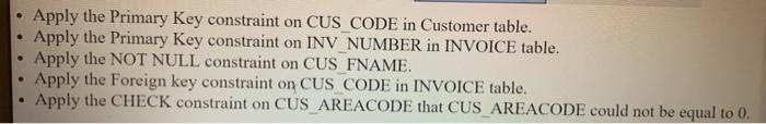relations with the following specifications. CUSTOMER INVOICE Y CUS_CODE IN NUMBER CUS_LMAME