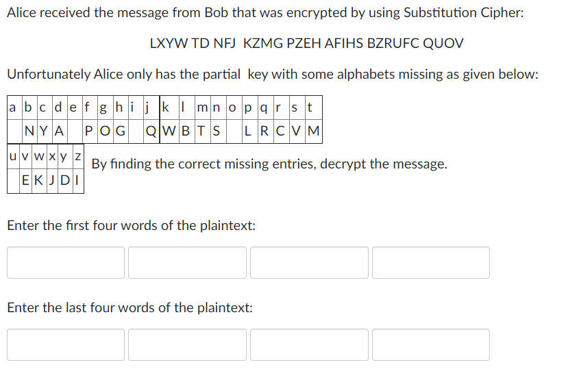 following problem Alice received the message from Bob that was encrypted by