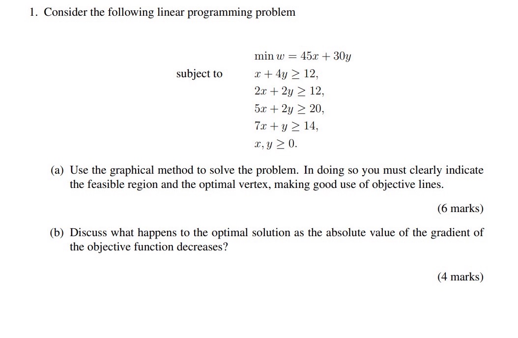  Consider the following linear programming problem ,minw=45x+30y subject tox+4y12 ,2x+2y12 ,5x+2y20