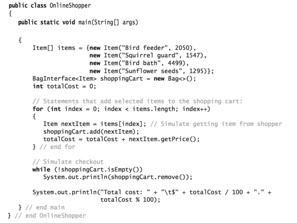 JAVA public class On1i neShopper public static void main(String[] args) Item] items