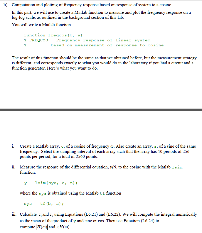  b) Computation and plotting of frequency response based on response of