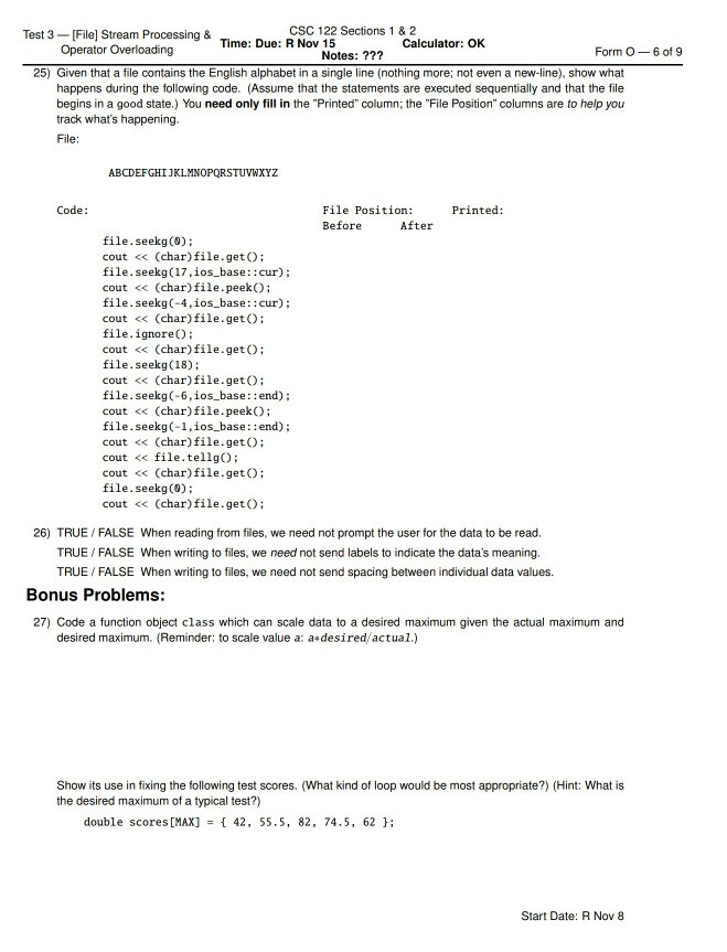  Test 3-[Filel Stream Processing & CSC 122 Sections 1 & 2