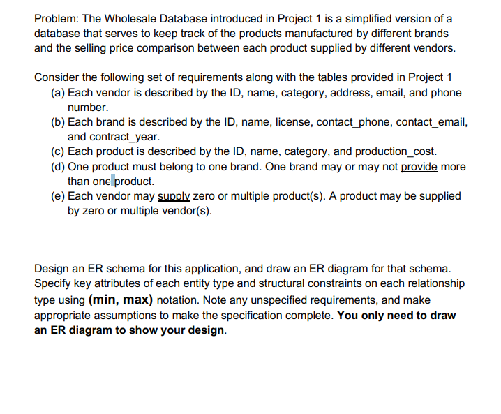  Problem: The Wholesale Database introduced in Project 1 is a simplified