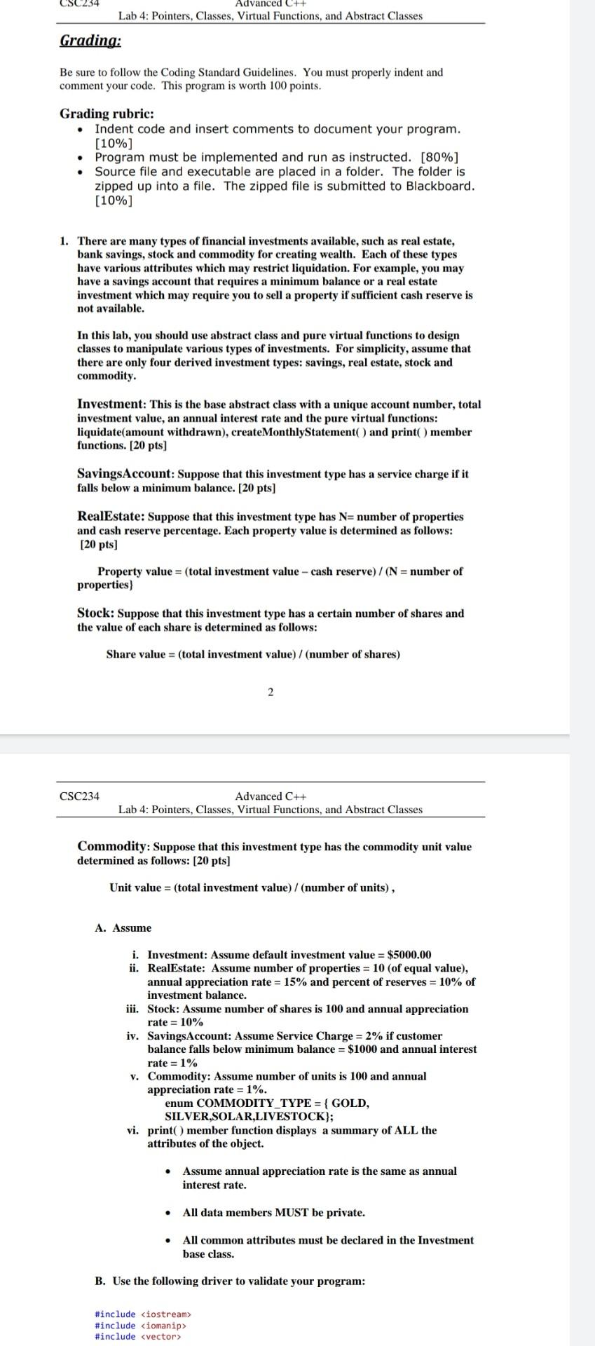  CSC234 Advanced C++ Lab 4: Pointers, Classes, Virtual Functions, and Abstract