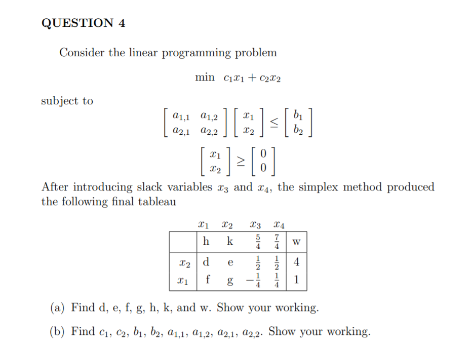  QUESTION 4 Consider the linear programming problem min Cixi + C222