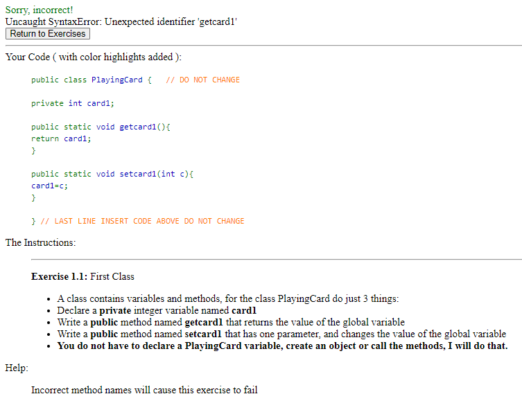  I am getting a SyntaxError: Unexpected identifier 'getcard1' My code on
