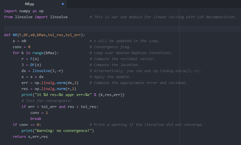function NR.py . Make sure your script prints out the residual and