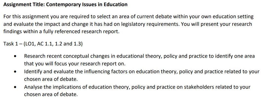  Assignment Title: Contemporary Issues in Education For this assignment you are