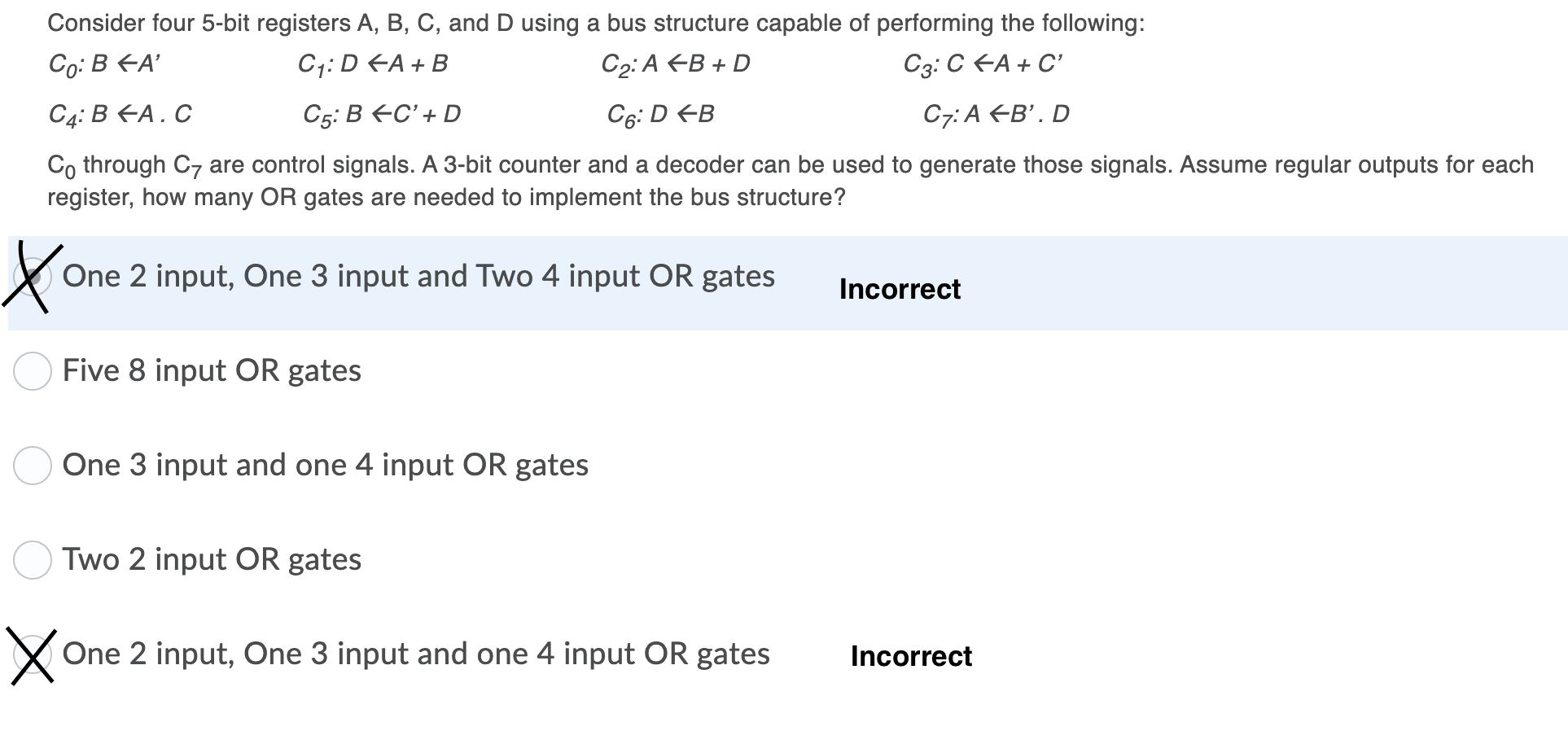  Consider four 5-bit registers A, B, C, and D using a