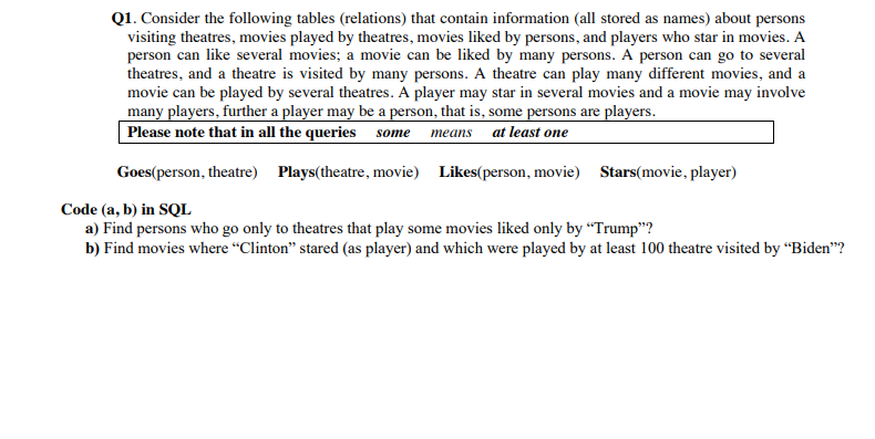 Code (a, b) in SQL Q1. Consider the following tables (relations) that
