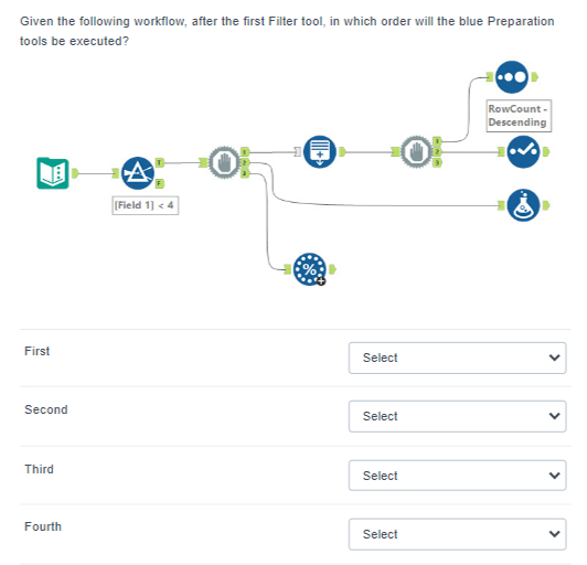 Given the following workflow, after the first Filter tool, in which