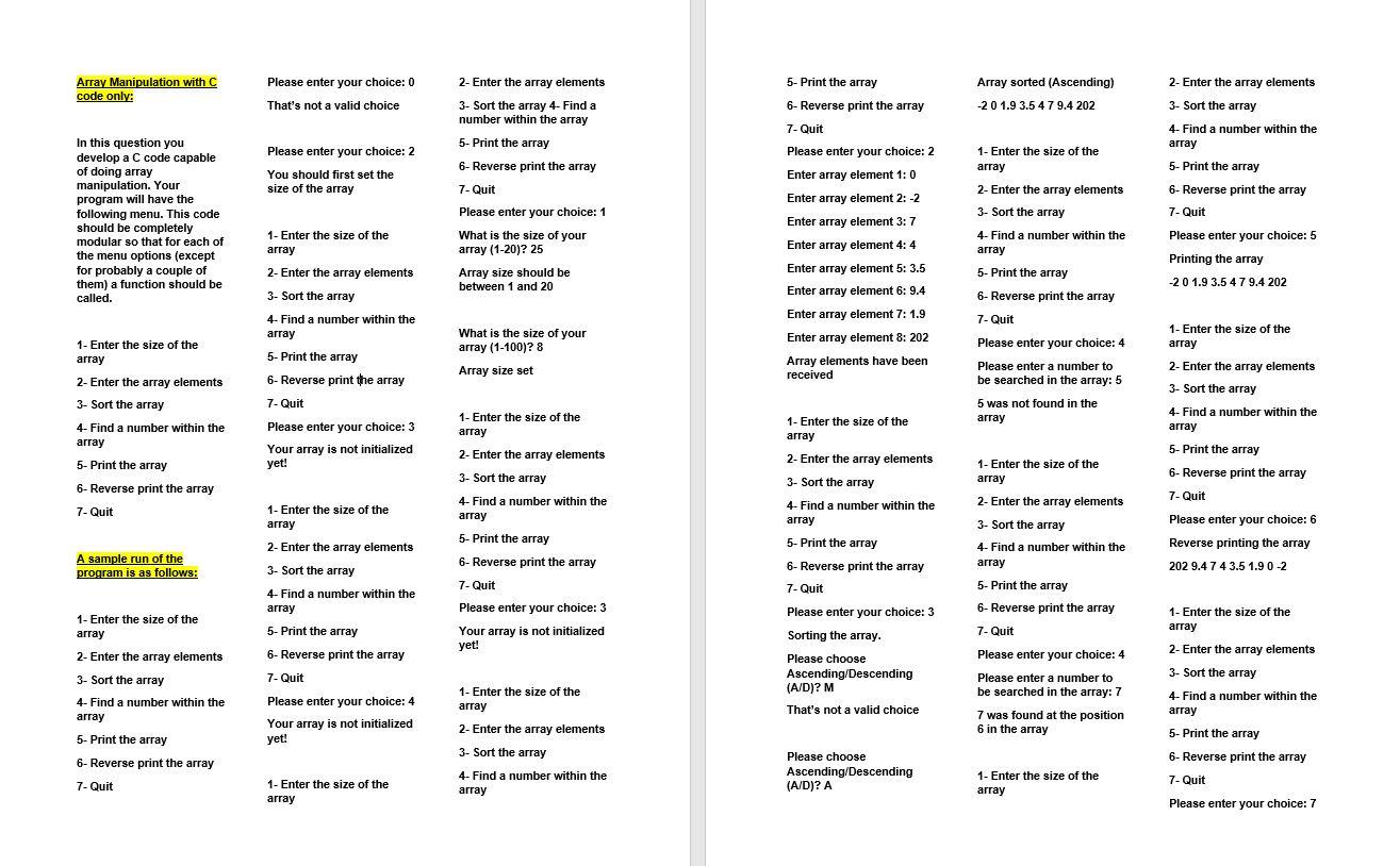 C code only: Array size should be between 1 and 20 5