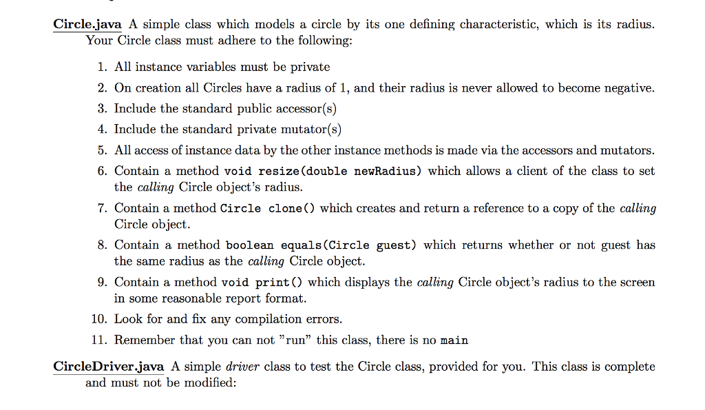  Circle.java A simple class which models a circle by its one