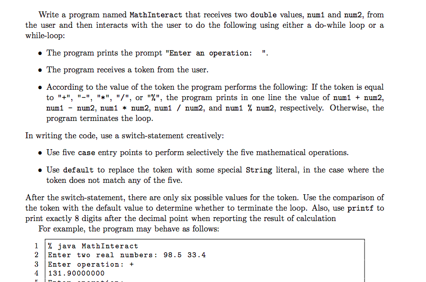  use java language~thank you Write a program named MathInteract that receives