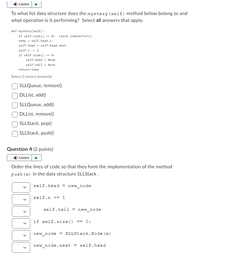 To what list data structure does the mystery (self) method below