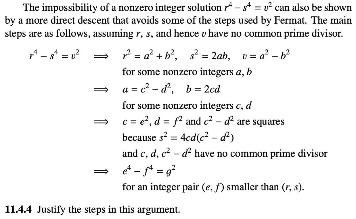  The impossibility of a nonzero integer solution r4-s4=v2 can also be