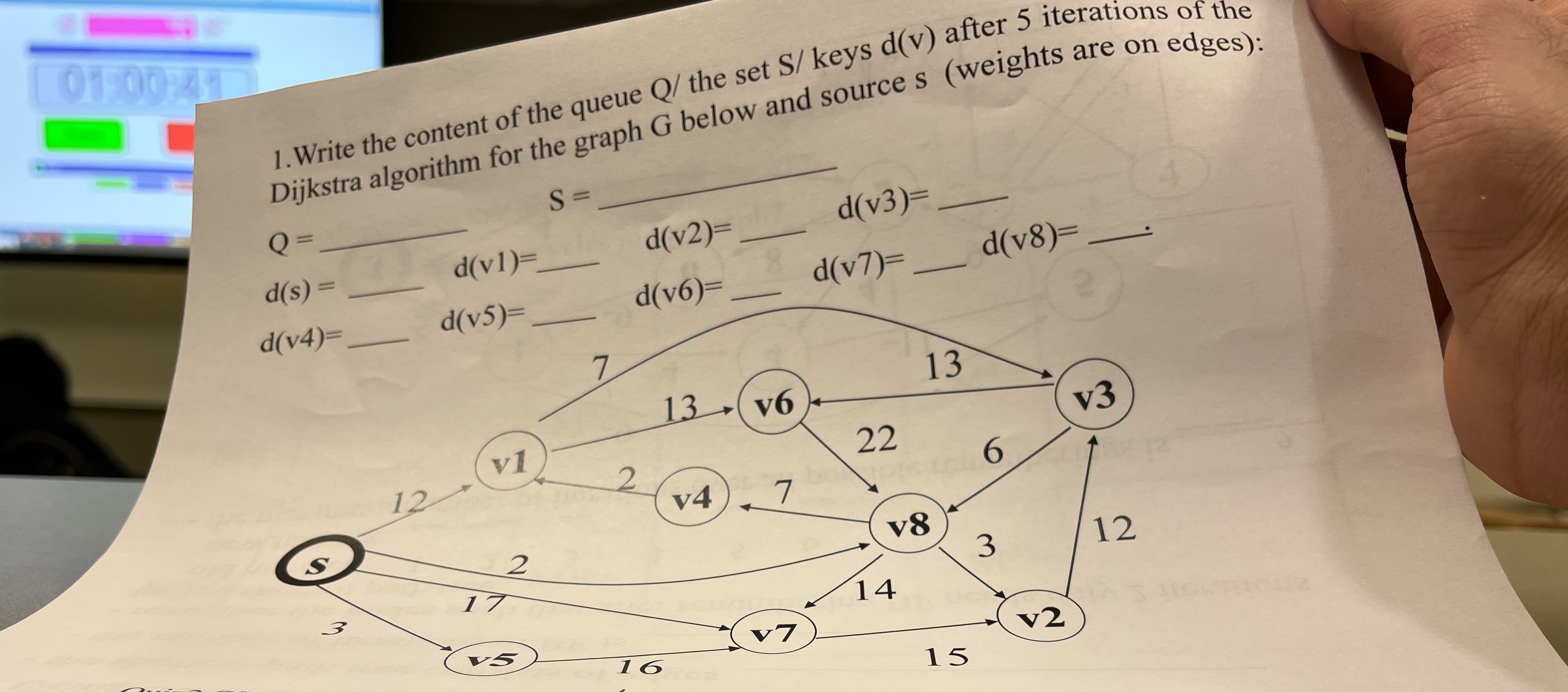  Write the content of the queue Q? the set S? keys