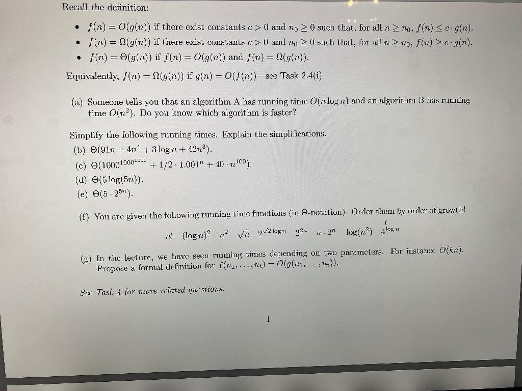 Solve in Python: Recall the definition: . f(n) = O(g(n)) if there