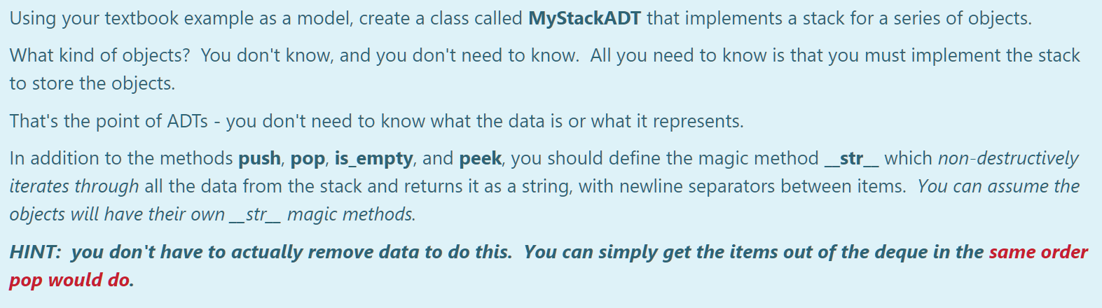 model, create a class called MyQueueADT that implements a queue for a
