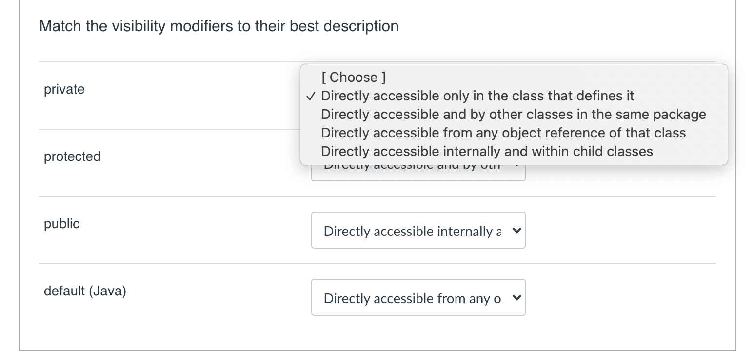 Need. help with this one :( Match the visibility modifiers to their