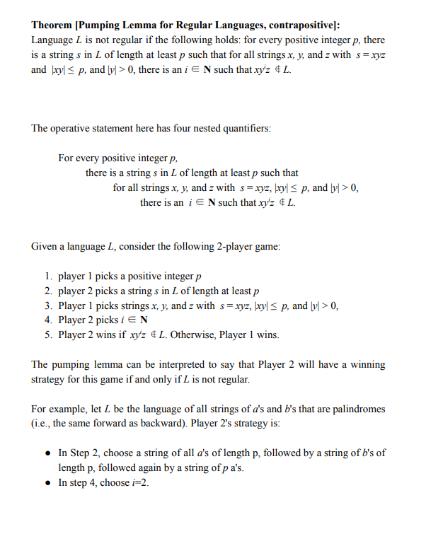  Theorem [Pumping Lemma for Regular Languages, contrapositive]: Language L is not