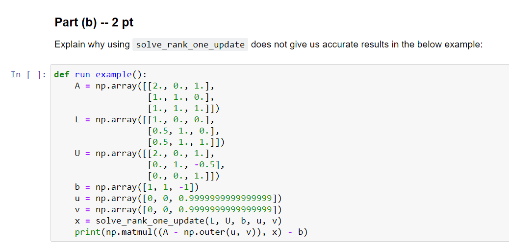 the system (A - u v^T)x = b, where A = LU,