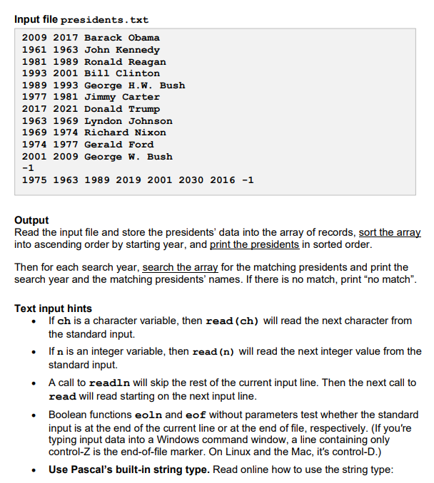 records in the form of text lines, one per U.S. president. Each