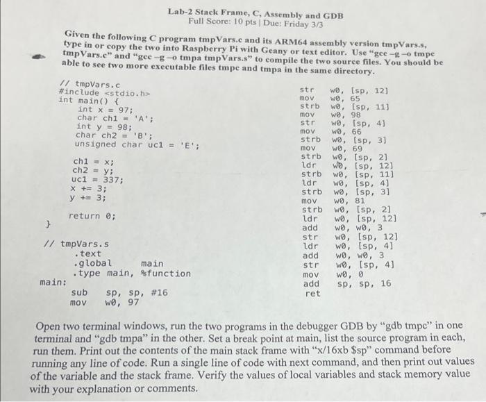  Given the following C program tmpVars.c and its ARM64 assembly version