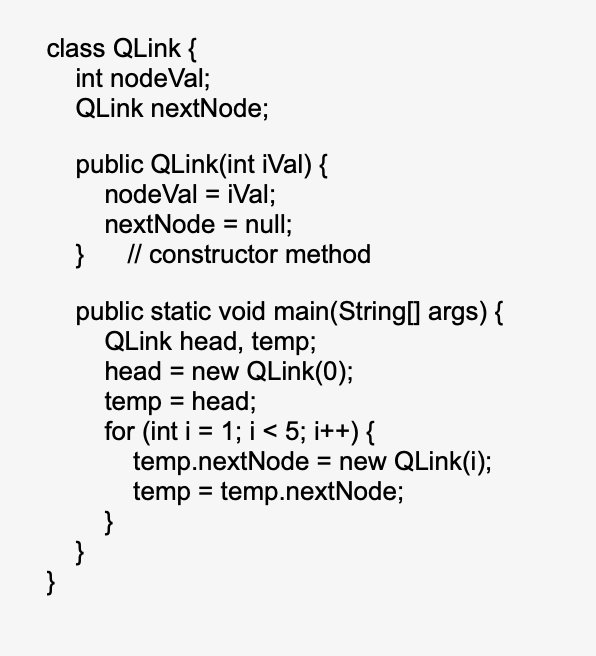 The code in main() builds a circular linked list. True or