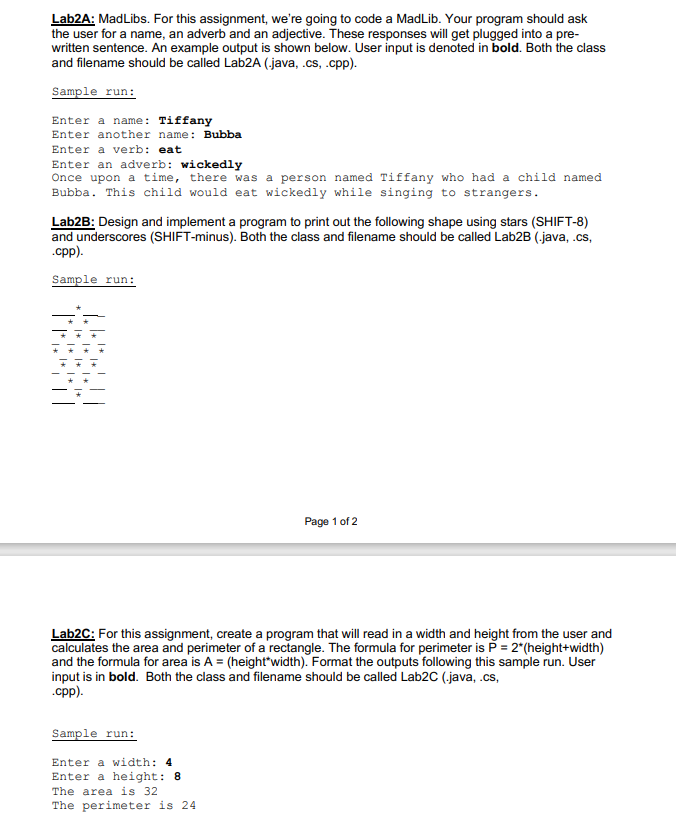  Language is C# Lab2A: MadLibs. For this assignment, we're going to