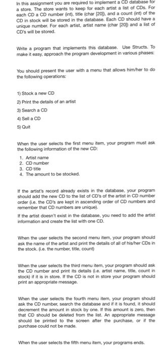  In C programming In this assignment you are required to implement