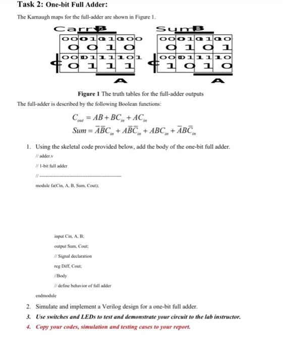  Task 2: One-bit Full Adder: The Kamaugh maps for the full-adder
