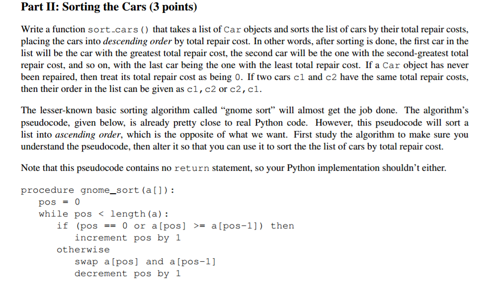 Python 3.4 Sorting the cars. Please help with this problem to write