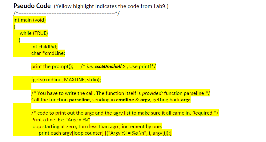 Language in C. Need to implement a fork and an exec, and