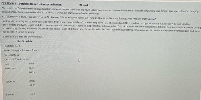  QUESTION 2 - Database Design using Normalization (20 marks) Normalize the