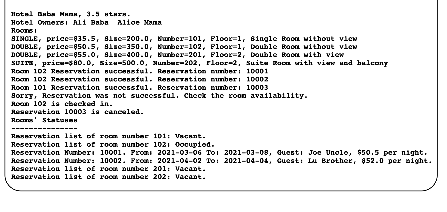 this system, you must create six Java classes as follows: Class Hotel