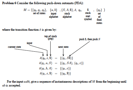  Problem 6 Consider the following push-down automata (PDA) ,{S, A, s).6,