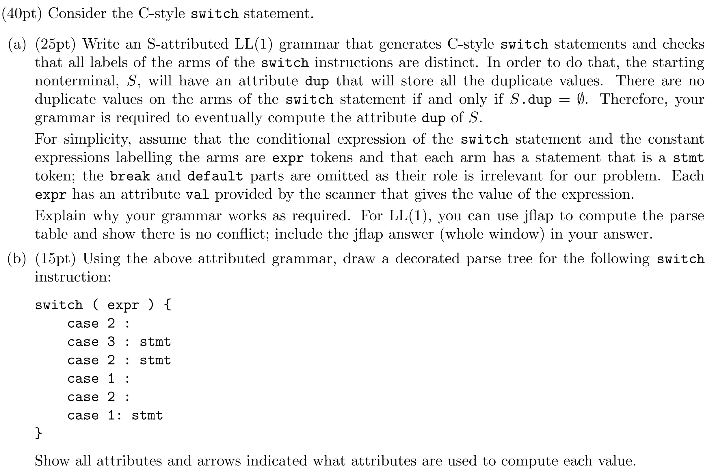  (40pt) Consider the C-style switch statement. (a)(25pt) Write an S-attributed LL(1)