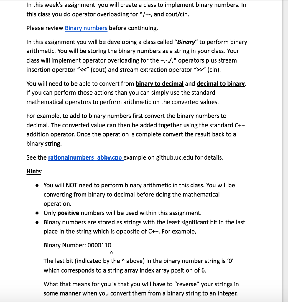 operator overloading. The goal is to gain better knowledge of classes and