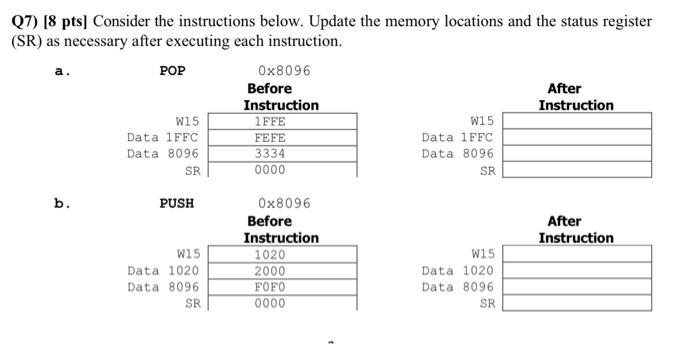  Q7) [8 pts] Consider the instructions below. Update the memory locations