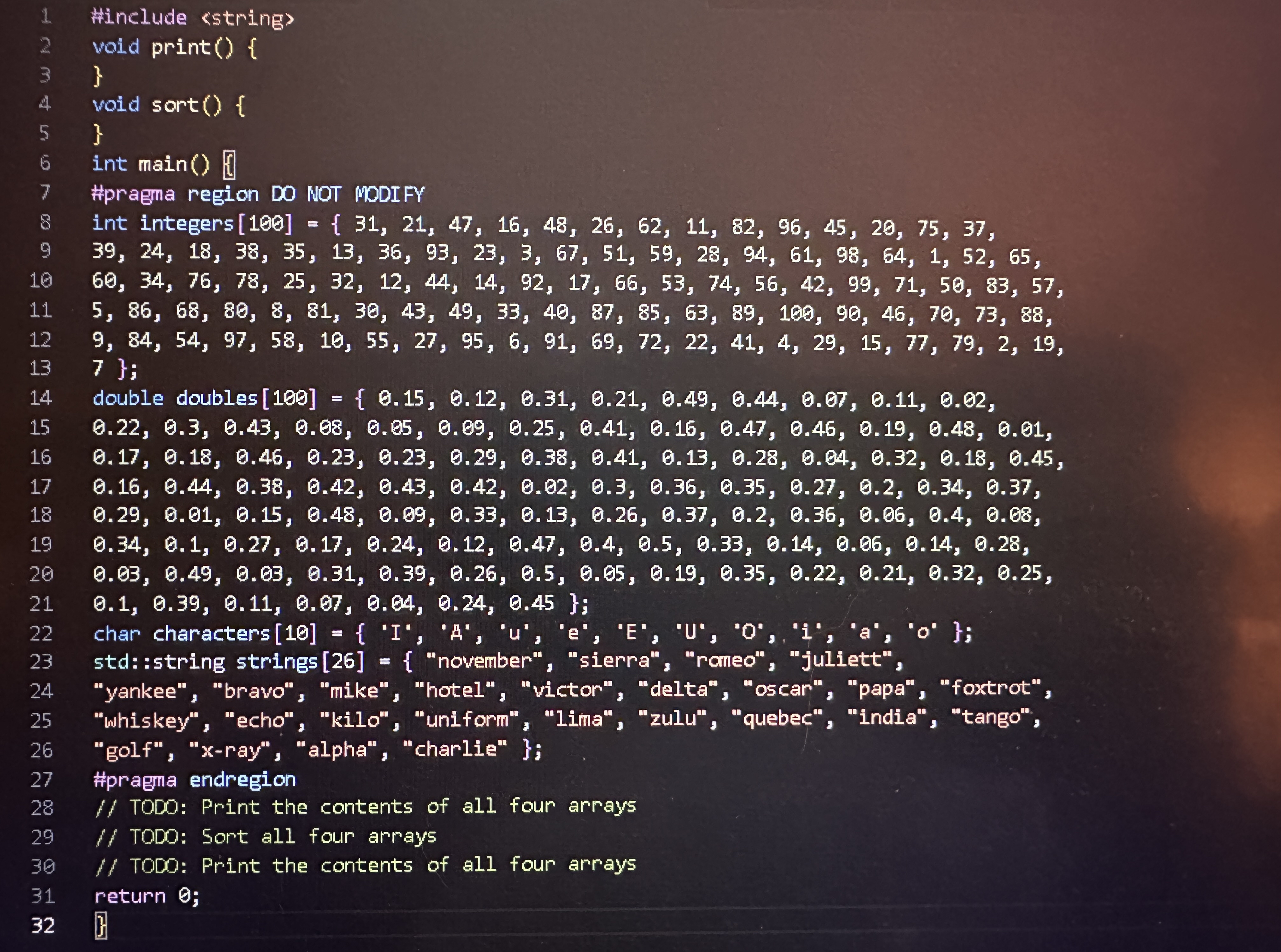  void print (){ } void sort (){ } // TODO: Print