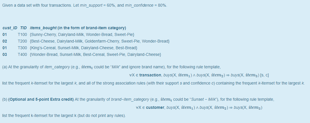  Given a data set with four transactions. Let min-support-60%, and min-confidence