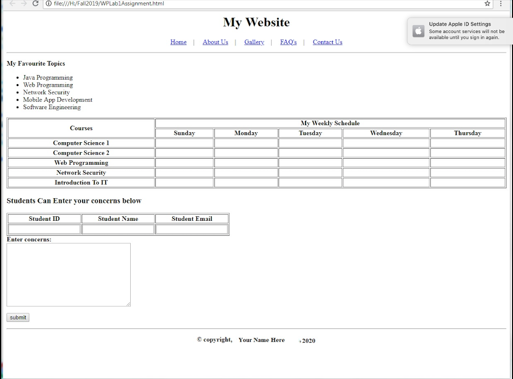  Course: Web Programming Using: Visual studio code: html C file:///H:/Fall2019/WPLab Assignment.html
