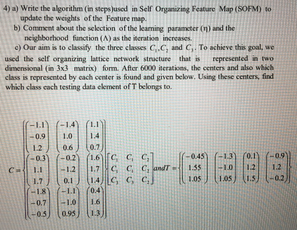  4) a) Write the algorithm (in steps )used in Self Organizing