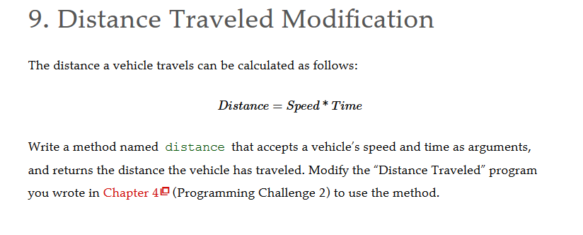 Please write using Java 9. Distance Traveled Modification The distance a vehicle