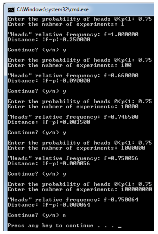 Write a program in C++ that simulates a sequence of tosses of