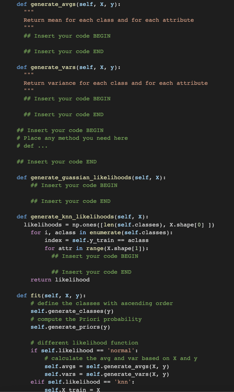 fit, predict and score methods. The Naive Bayes Classifer takes as parameter