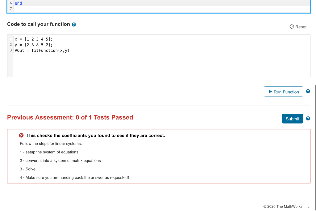 up a matlab function to solve for the coefficients of the following