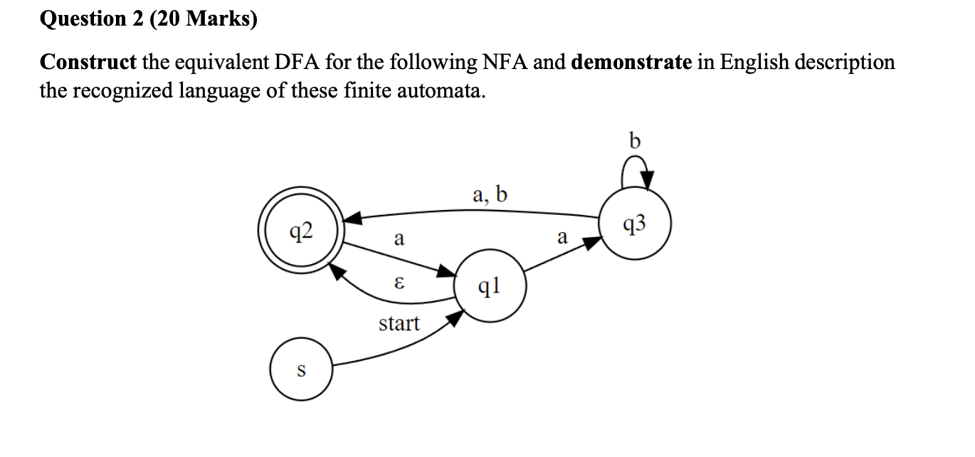 Question 2 (20 Marks) Construct the equivalent DFA for the following